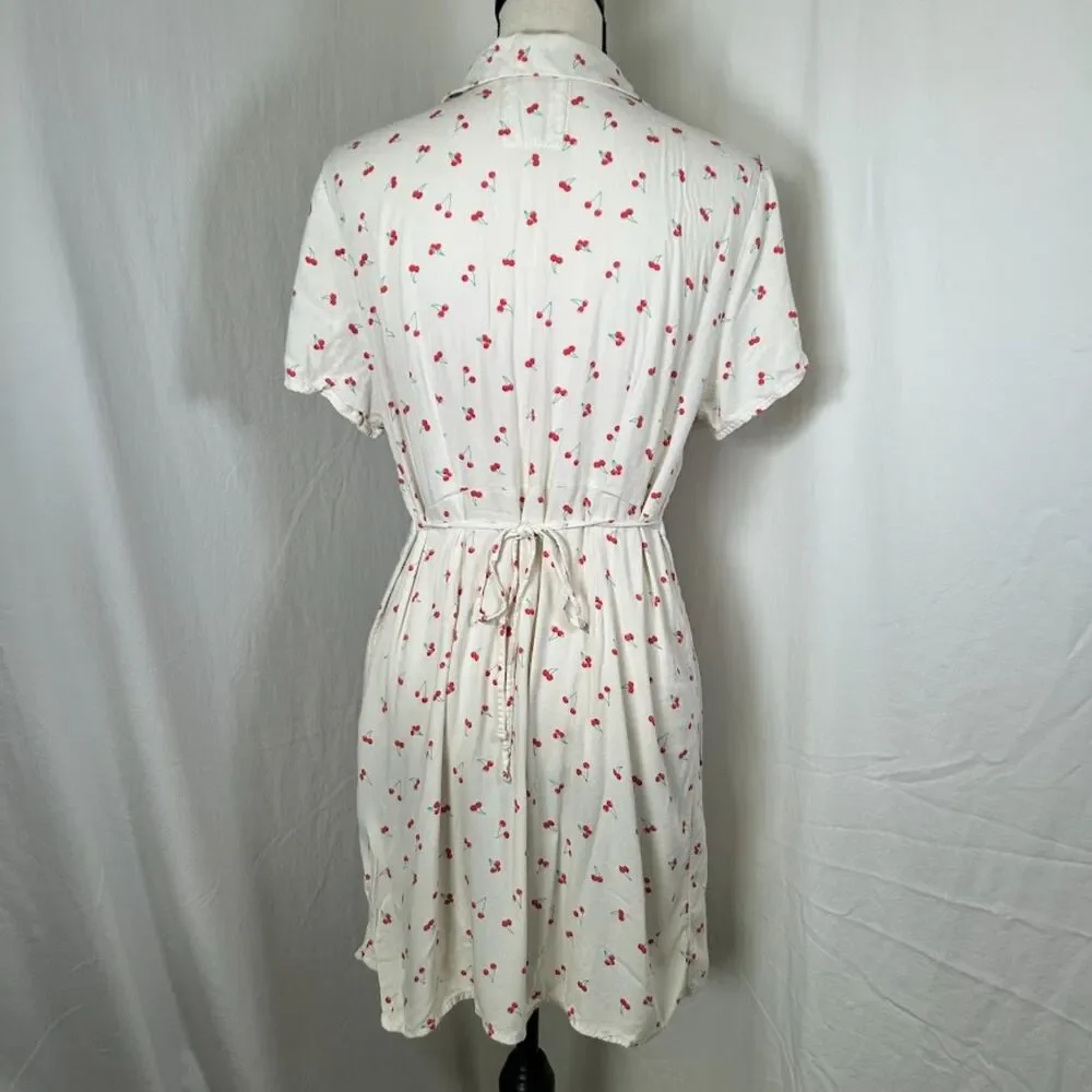 Cherry Print Retro Rockabilly Mini Dress Button Down Tie Back SO Size Large